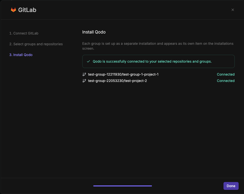 GitLab wizard step 3, Install Qodo, showing the confirmation banner and per-group connection status