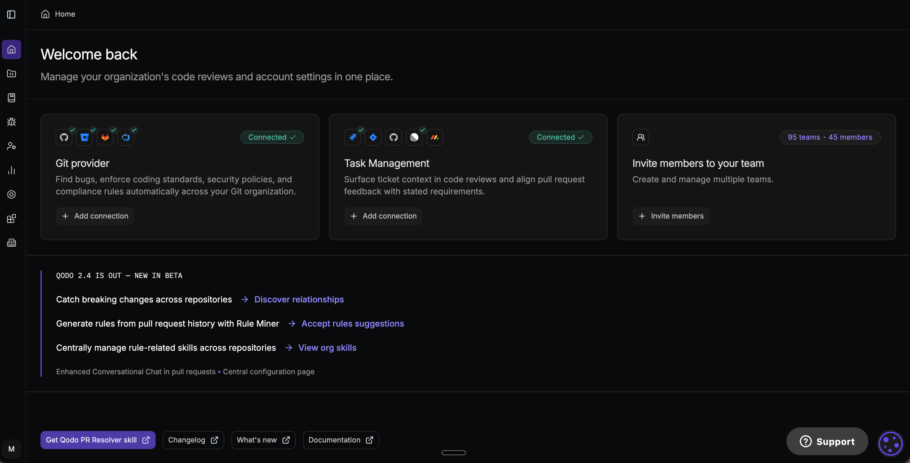 Qodo portal Home page showing Git provider and Task Management connection status, team and member counts, and a list of recent product updates