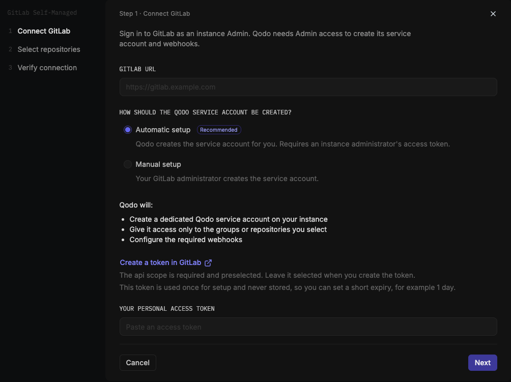 GitLab wizard step 1 on GitLab Server, Connect GitLab, with Automatic setup selected