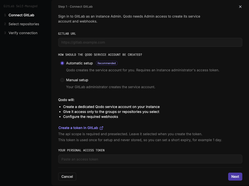 GitLab wizard step 1 on GitLab Server, Connect GitLab, with Automatic setup selected
