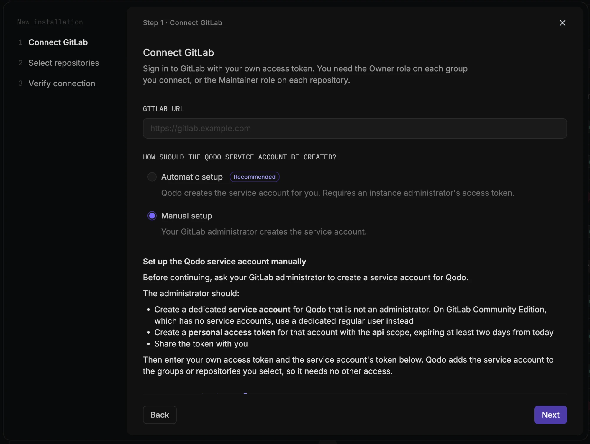 GitLab wizard step 1 on GitLab Server, Connect GitLab, with Manual setup selected and the administrator instructions shown