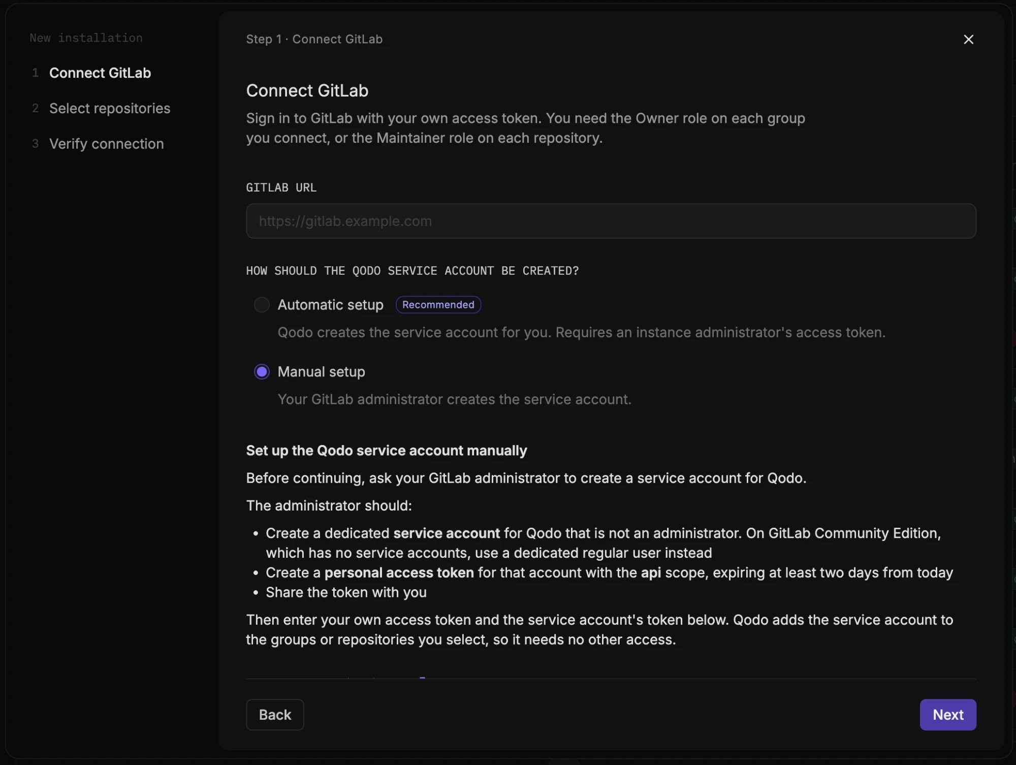 GitLab wizard step 1 on GitLab Server, Connect GitLab, with Manual setup selected and the administrator instructions shown