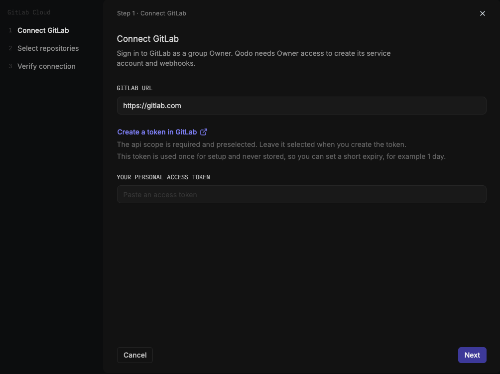 GitLab wizard step 1, Connect GitLab, showing the GitLab URL and personal access token fields