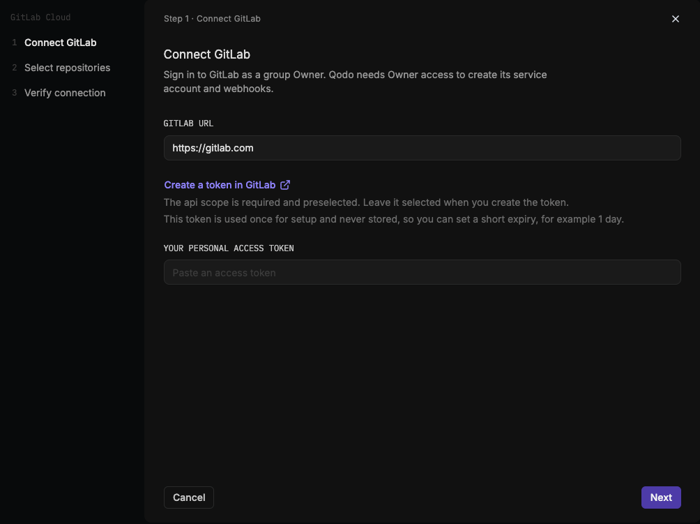 GitLab wizard step 1, Connect GitLab, showing the GitLab URL and personal access token fields