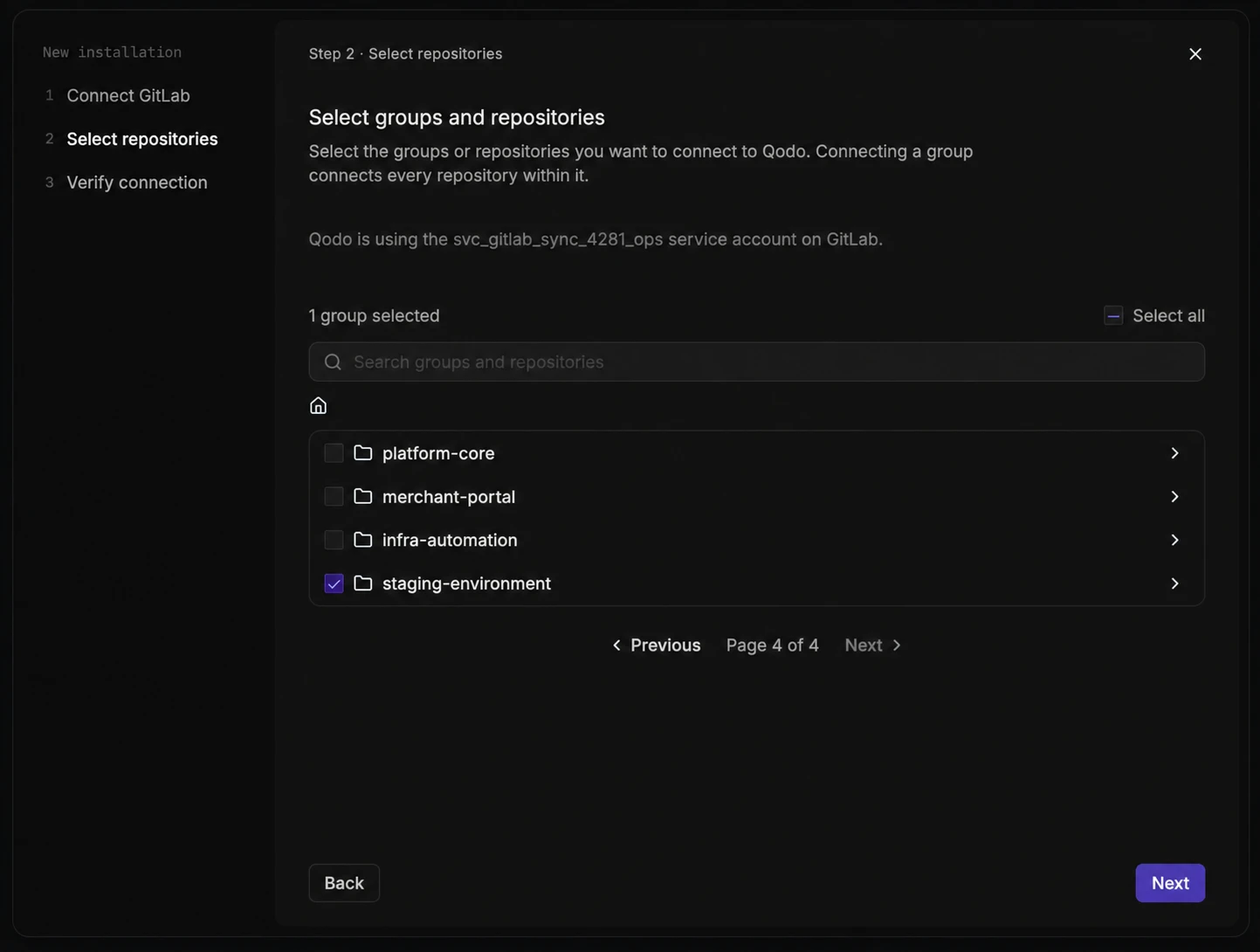 GitLab wizard step 2, Select repositories, showing the group list with one group selected, the search bar, and Select all