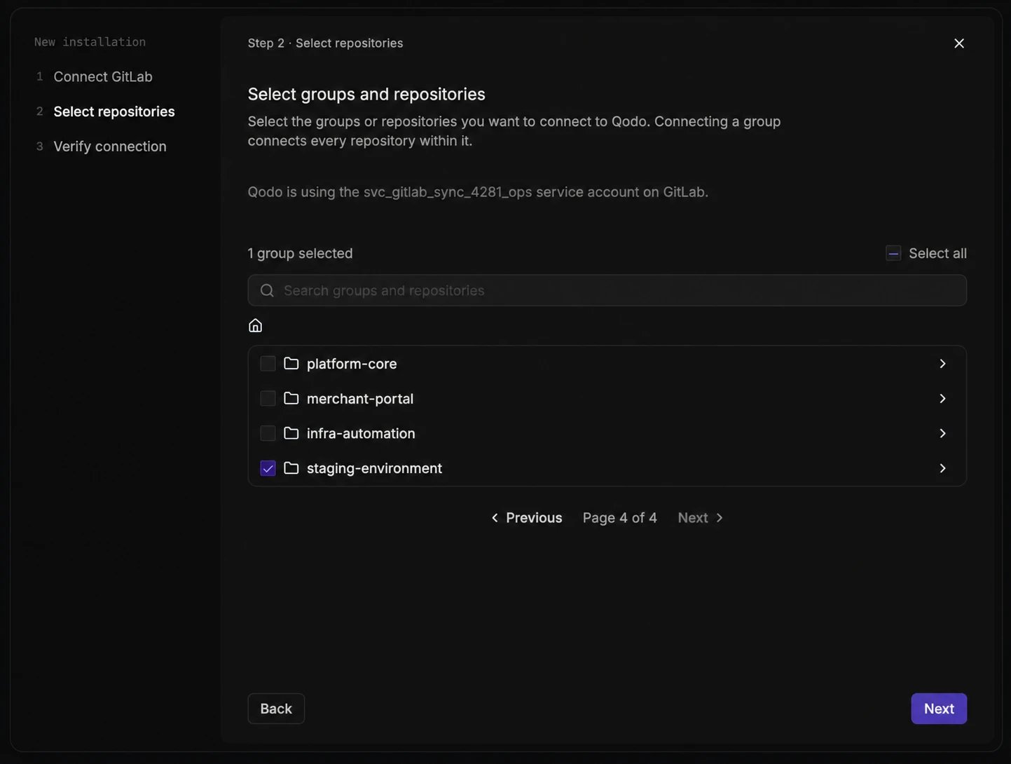 GitLab wizard step 2, Select repositories, showing the group list with one group selected, the search bar, and Select all
