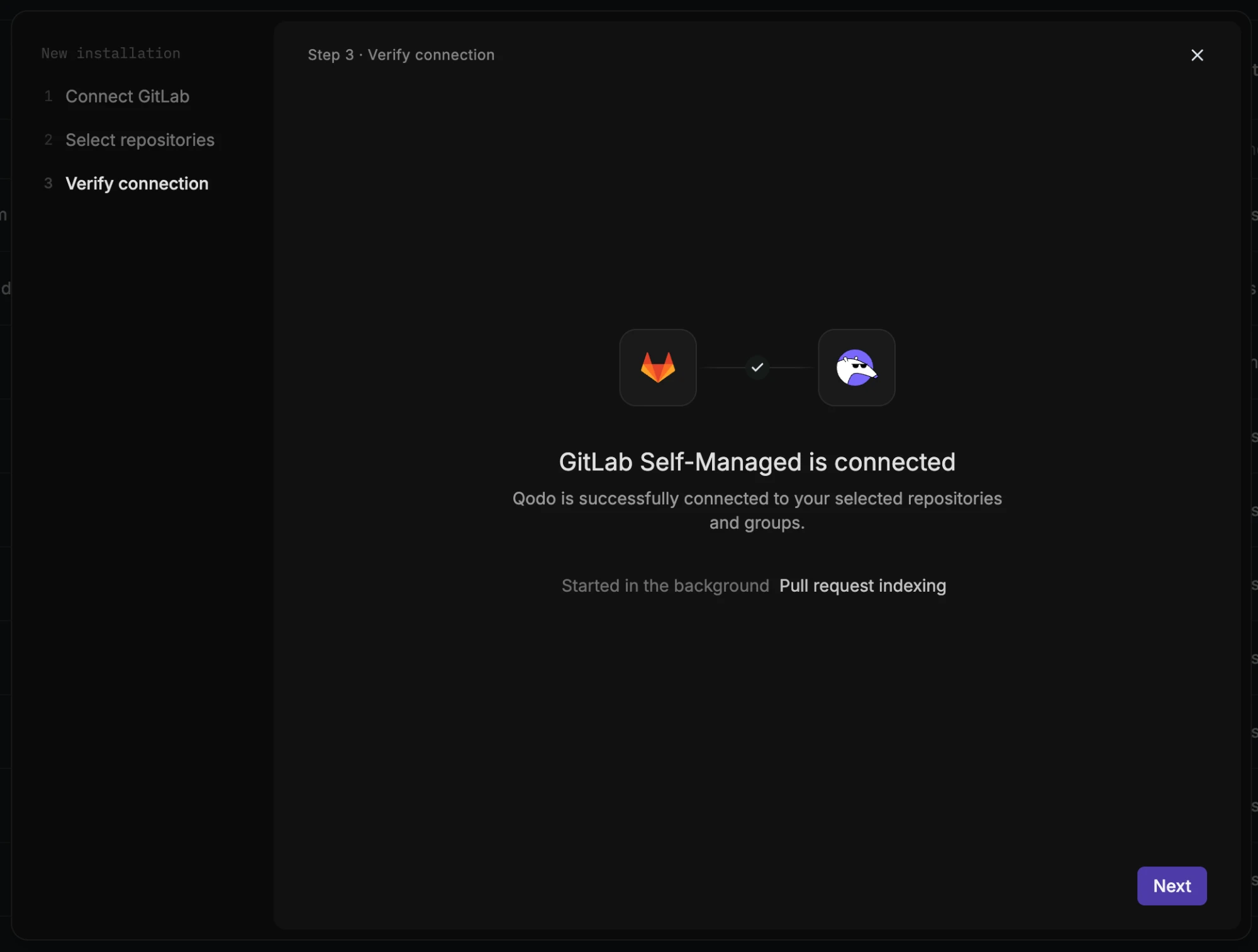 GitLab wizard step 3, Verify connection, confirming that GitLab Self-Managed is connected and that pull request indexing started in the background