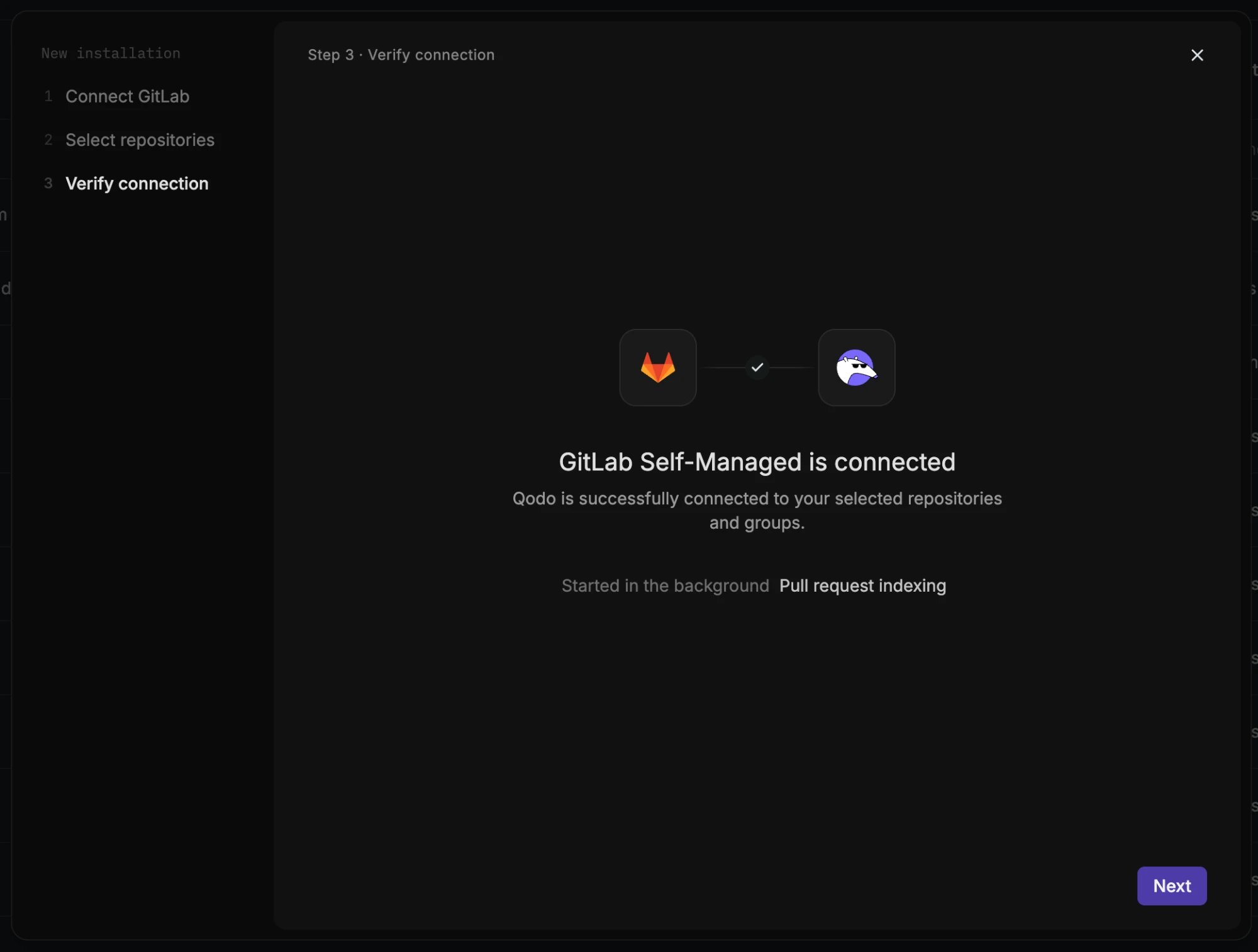 GitLab wizard step 3, Verify connection, confirming that GitLab Self-Managed is connected and that pull request indexing started in the background