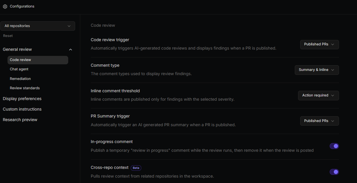 General review section of the Configurations page showing Code review settings: code review trigger, comment type, inline comment threshold, PR summary trigger, in-progress comment, and cross-repo context
