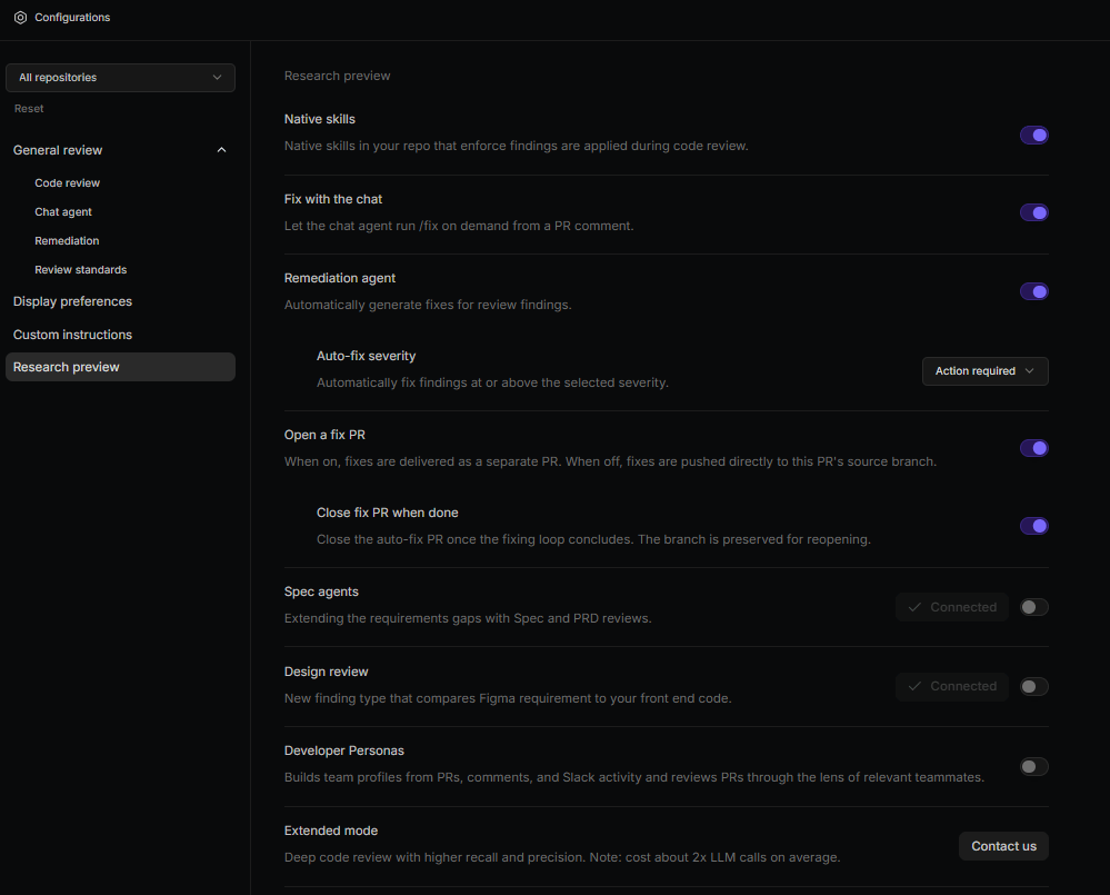 Research preview section of the Configurations page showing early-access settings including Remediation and Spec and design