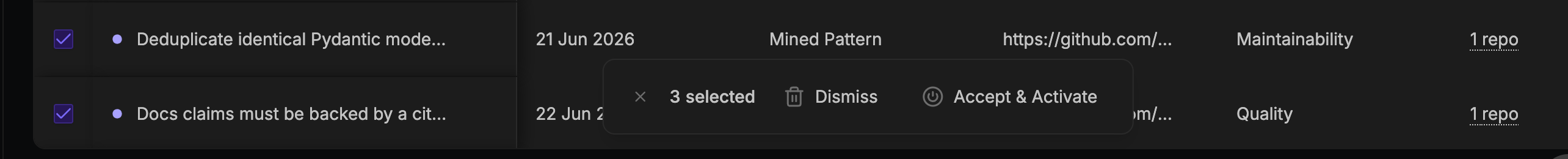 Suggestions table with multiple rows selected, showing the bulk actions toolbar with Dismiss and Accept & Activate options