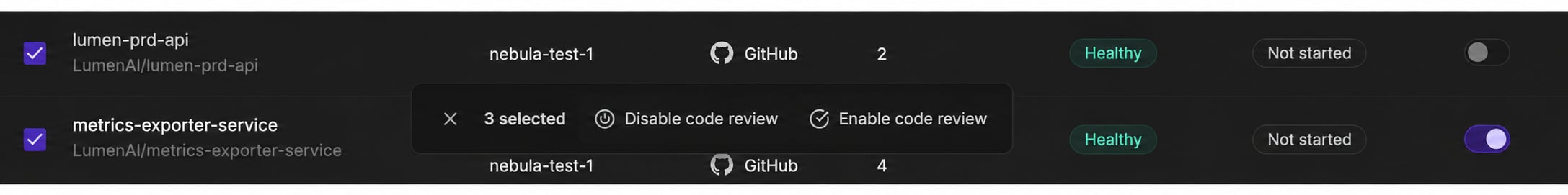 Repositories tab with multiple rows selected, showing the bulk actions bar with Disable code review and Enable code review options