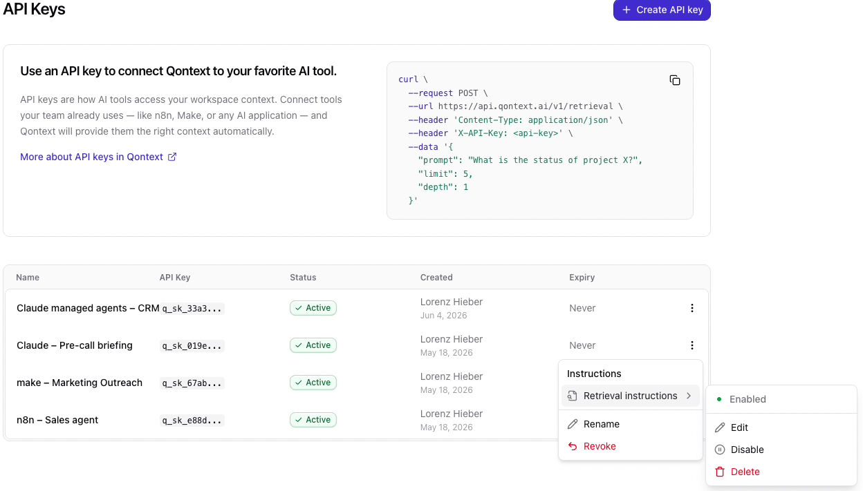 Edit API key–level instructions in the Qontext app