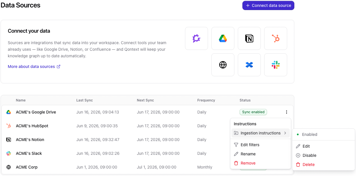 Edit data source–level instructions in the Qontext app