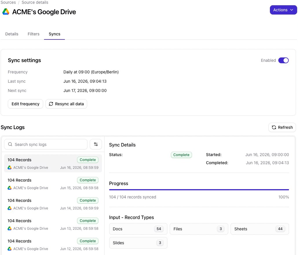 Sync logs tab in a Qontext vault