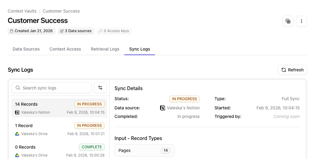 Sync logs tab in a Qontext vault