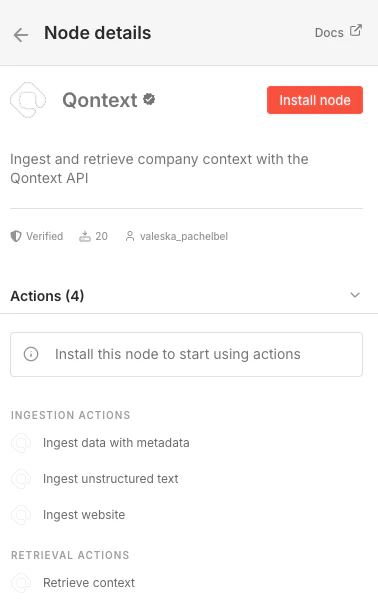 Qontext node details with Install node button