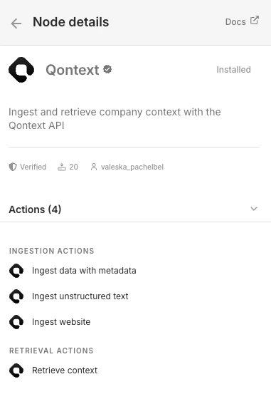 Qontext node installed with available actions