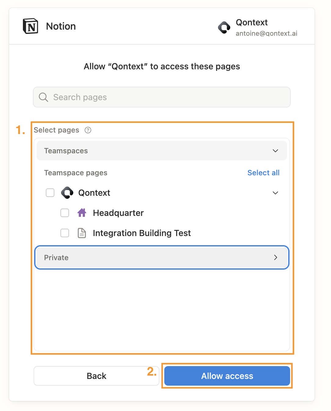 Notion teamspace and page picker