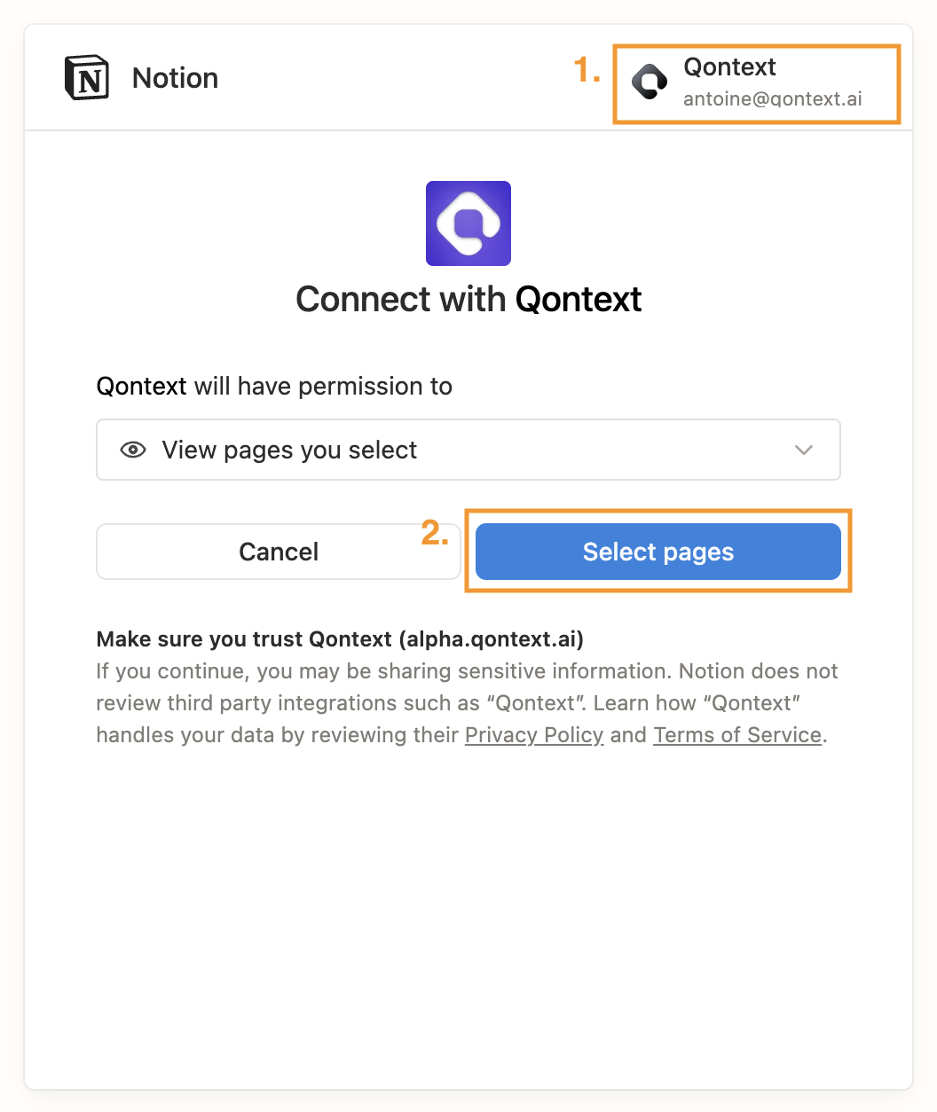 Qontext Notion connection modal