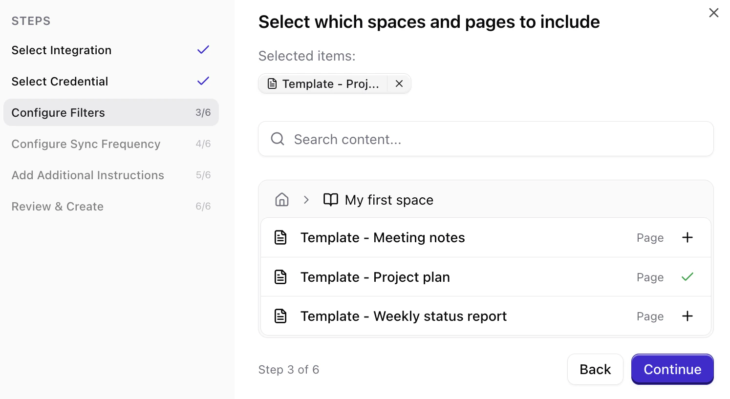 Select Confluence spaces and pages to sync