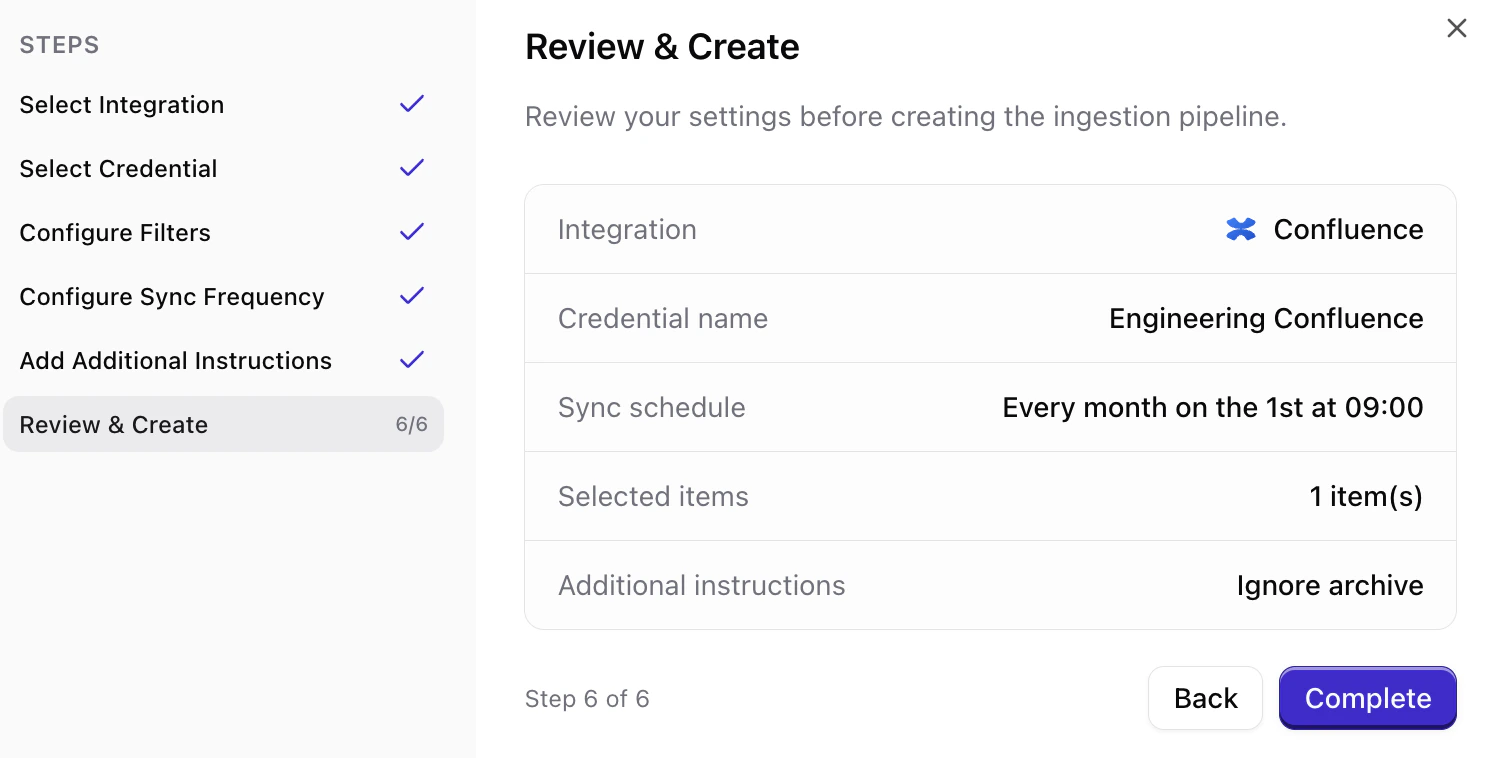 Review summary and create Confluence connection