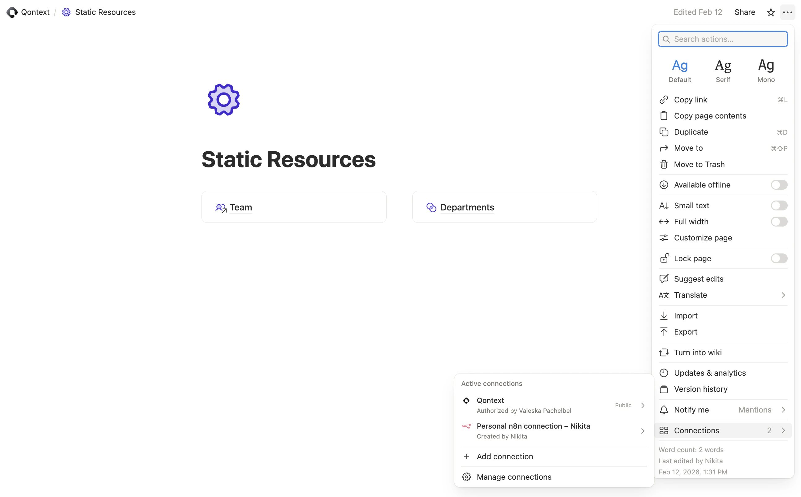 Notion page share dialog for Qontext