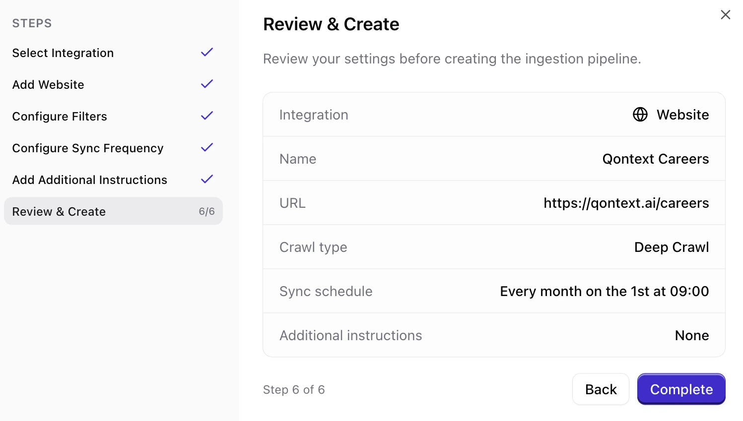 Review summary and create website connection
