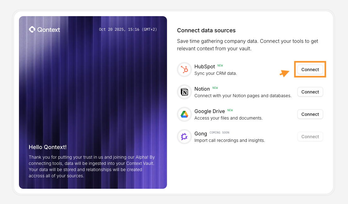 Qontext Connection Selection Page
