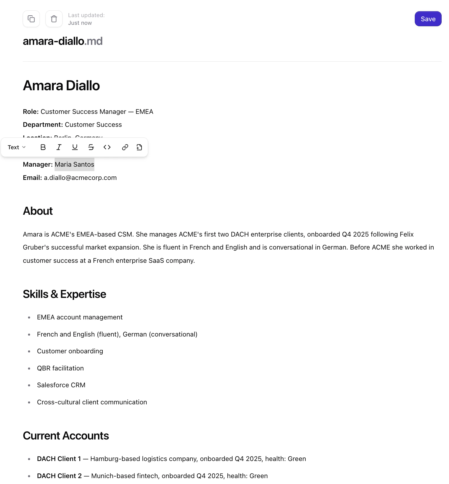 Formatting toolbar shown above selected text with block, inline, and link controls