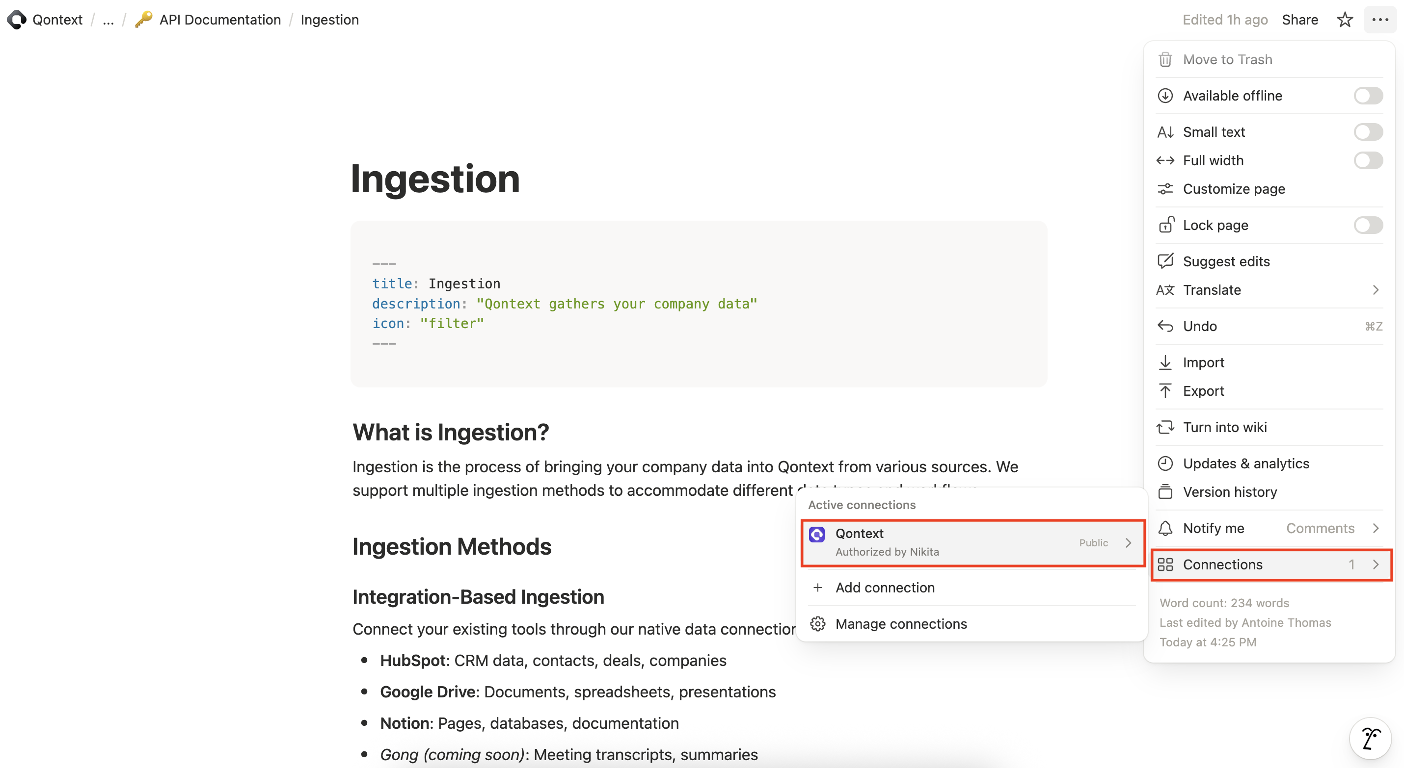 Notion page share dialog for Qontext