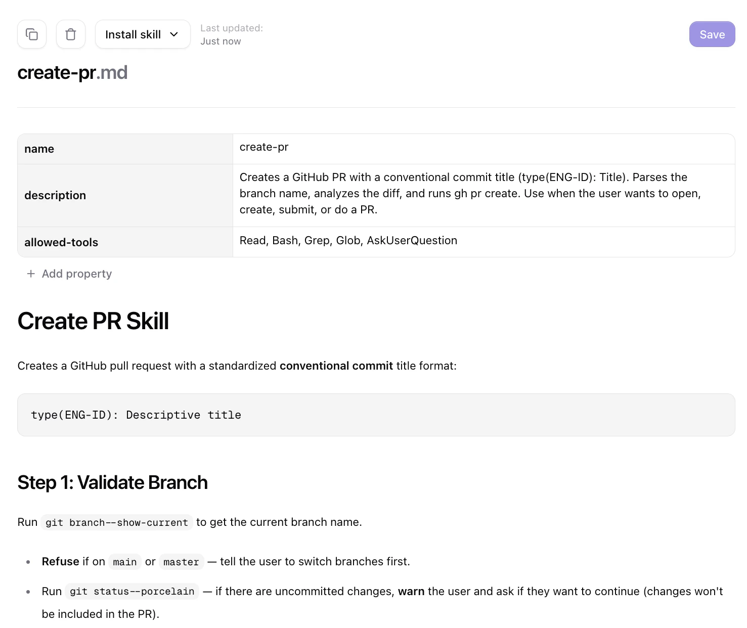 Install skill button showing copy install command and copy short link options