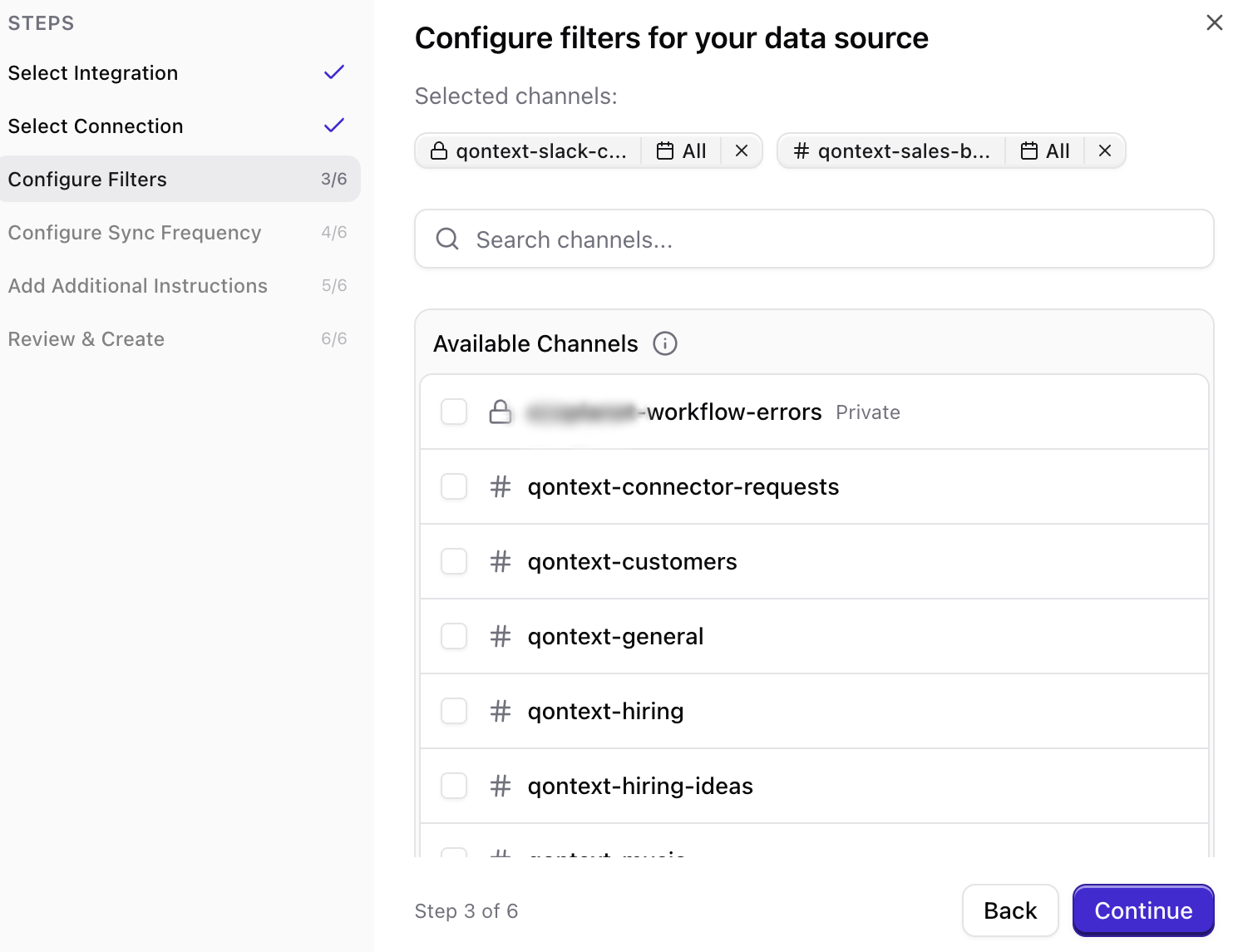 Select Slack channels to sync