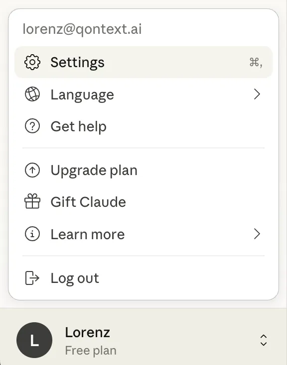 Claude settings menu
