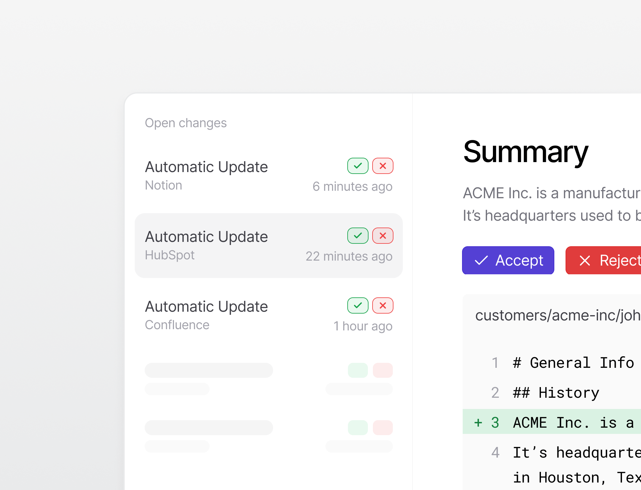 Change reviews screen showing a list of open changes from Notion, HubSpot, and Confluence with accept and reject controls, next to a summary and diff of the selected change