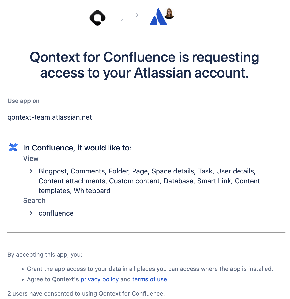 Qontext for Confluence OAuth permissions consent screen