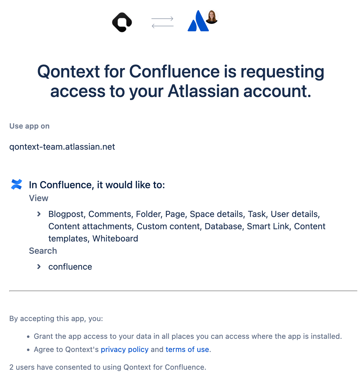 Qontext for Confluence OAuth permissions consent screen