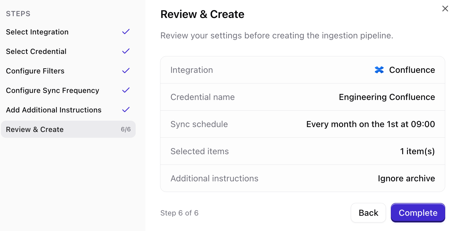 Review summary and create Confluence connection