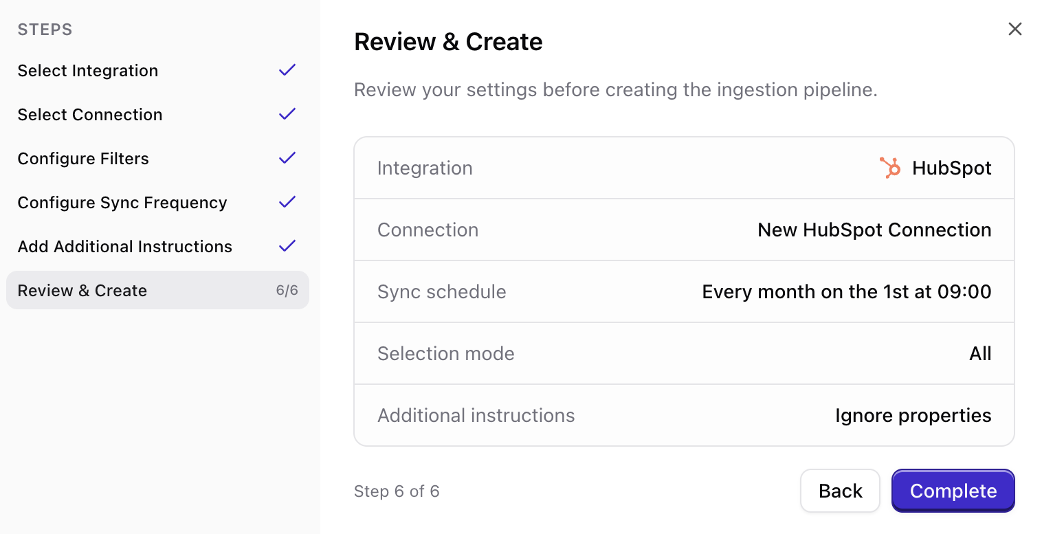 Review summary and create connection