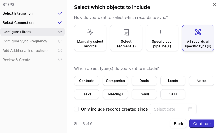 Select record types (contacts, companies, deals, etc.)