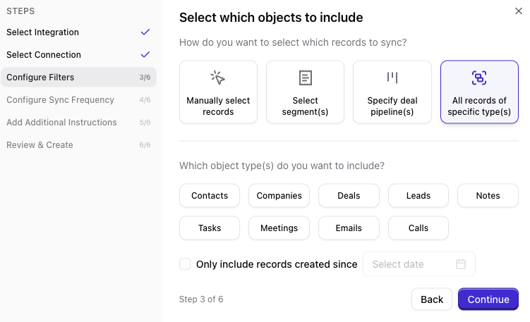 Select record types (contacts, companies, deals, etc.)