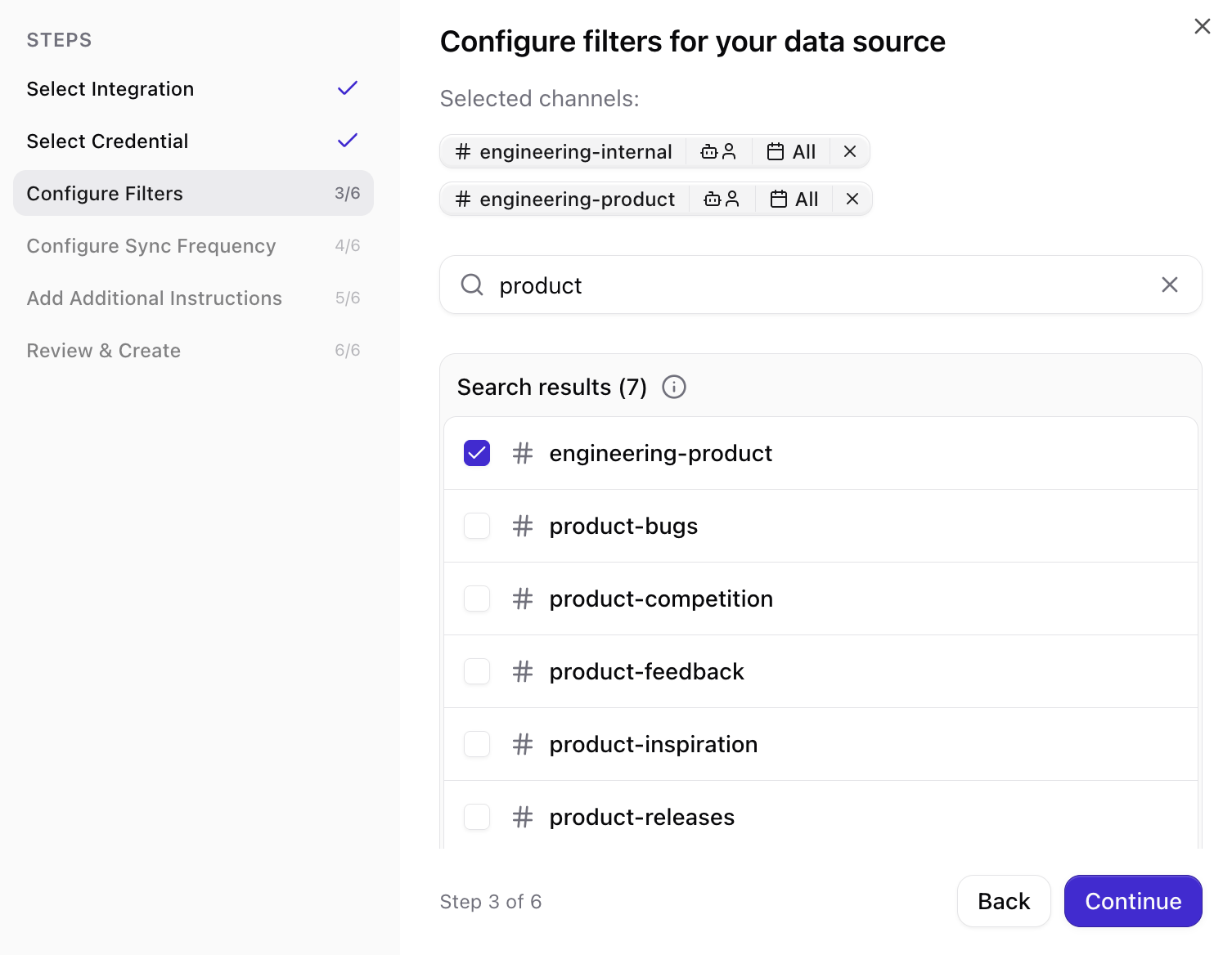 Select Slack channels to sync