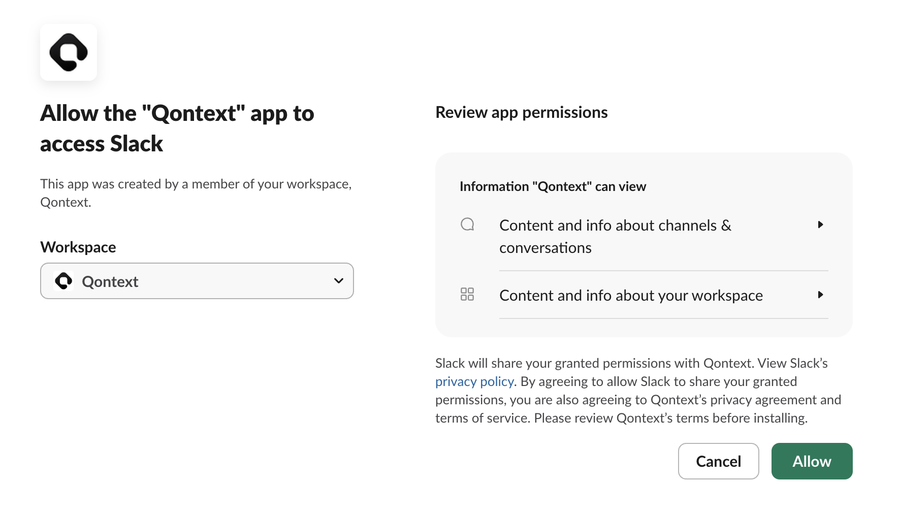 Slack OAuth permissions consent screen