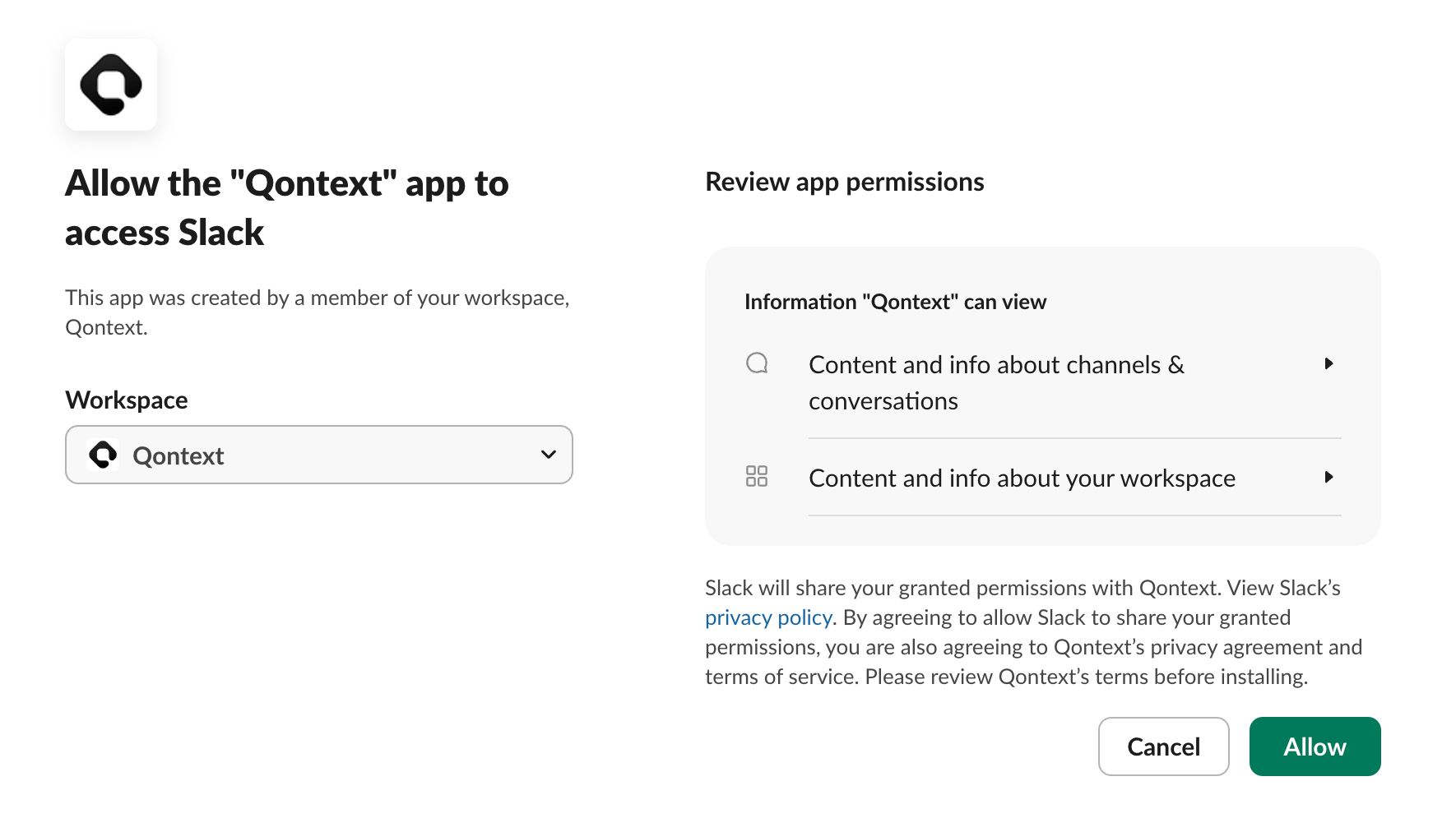 Slack OAuth permissions consent screen