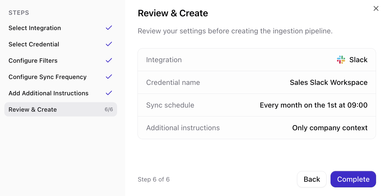 Review summary and create Slack connection