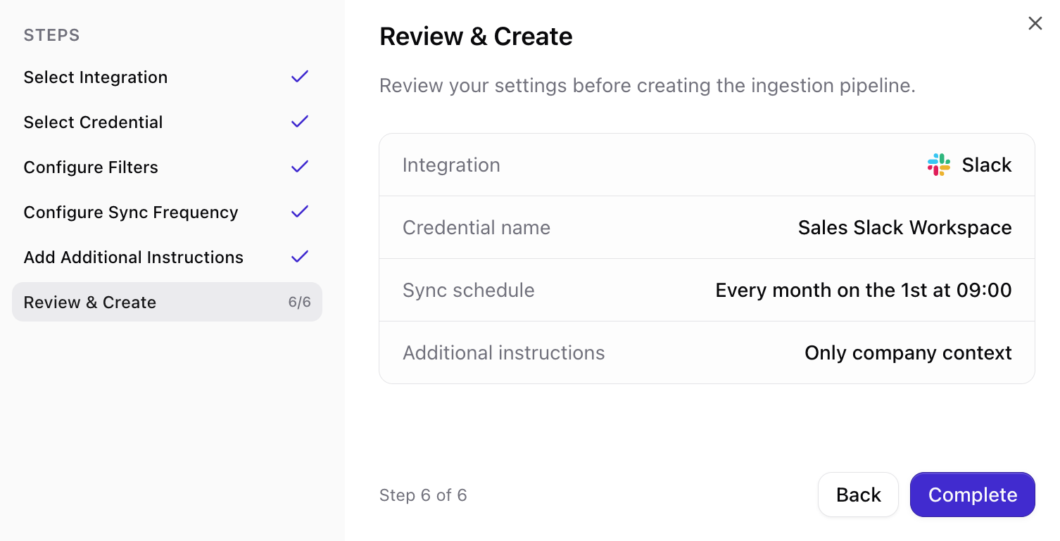 Review summary and create Slack connection
