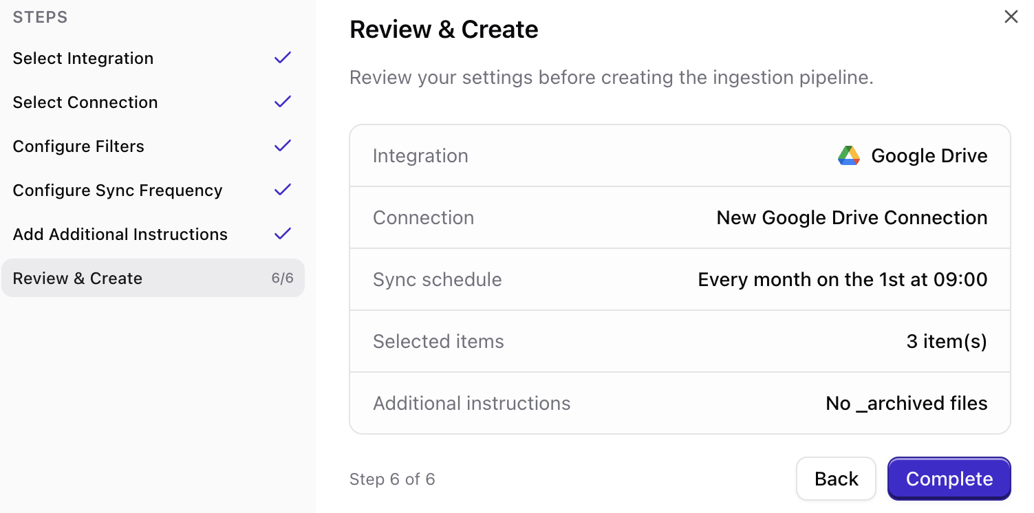 Review summary and create connection