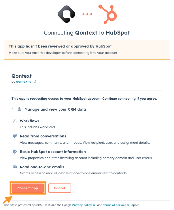 HubSpot OAuth scope consent screen
