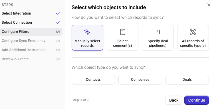 Manually select contacts, companies, or deals