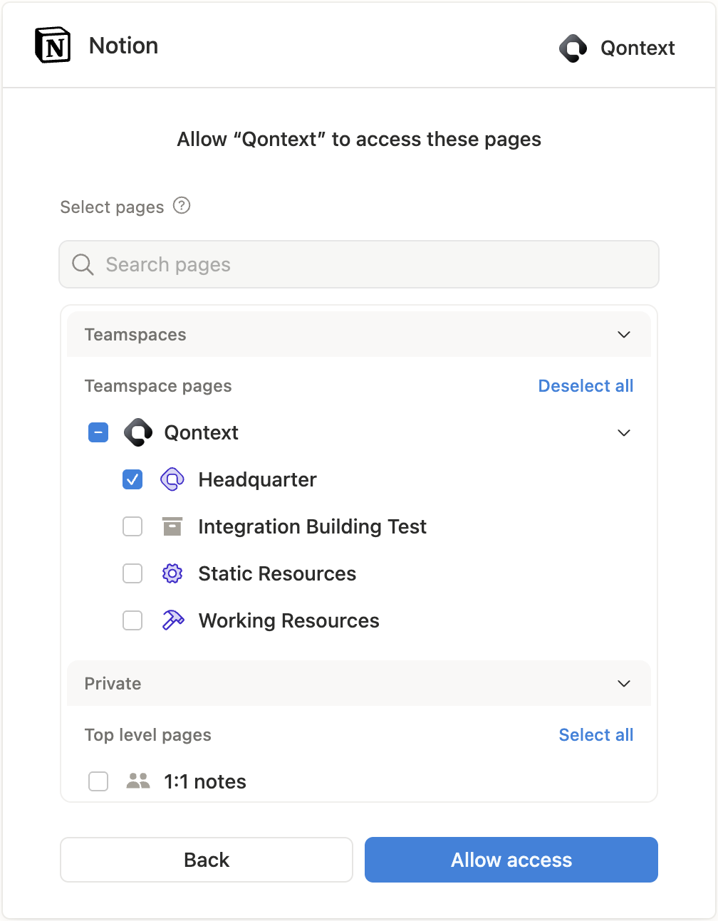 Notion page selection
